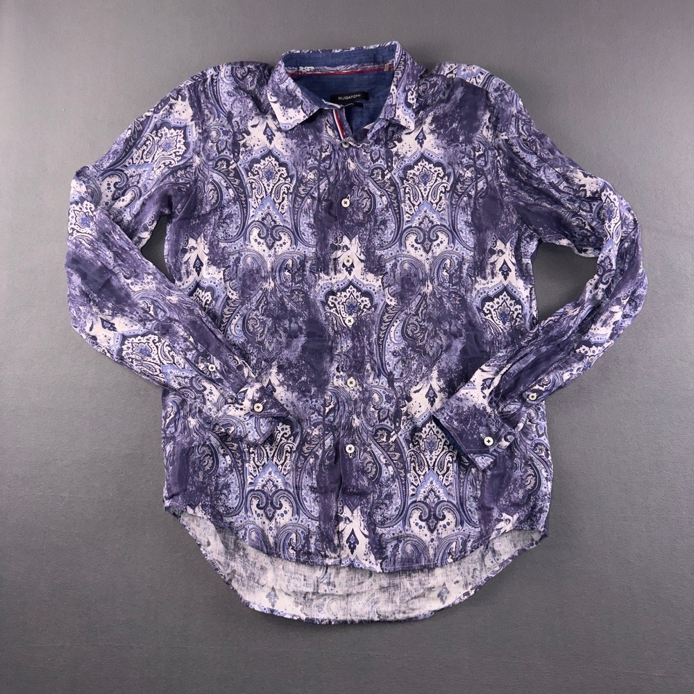 Bugatchi Mens Shaped Fit 100% Linen Paisley Long Sleeve Button Down Shirt Blue M